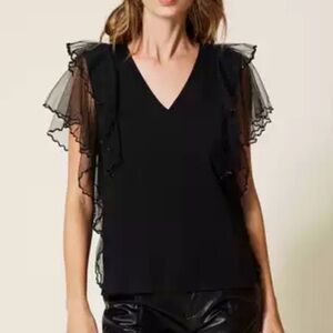 NWT TwinSet Milano Black Ruffle Top S